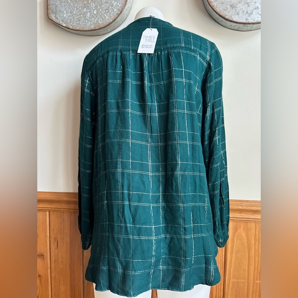 Time and Tru silver and green tensile Plaid Button-Down Shirt, sparkly, bling - Picture 2 of 4